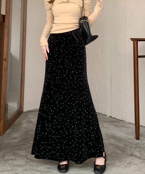 Diosfront（ディオスフロント）の「ラインストーンベロアマーメイドスカート（スカート・レディース・ブラック/モカ・S/M/L）」の2枚目の写真