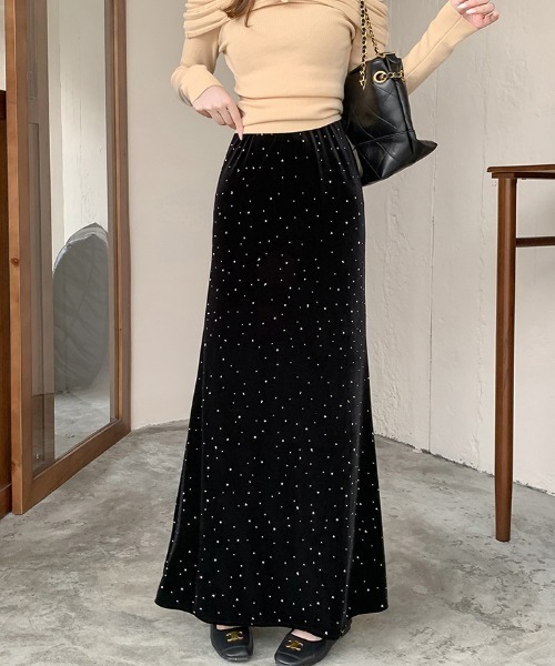 Diosfront（ディオスフロント）の「ラインストーンベロアマーメイドスカート（スカート・レディース・ブラック/モカ・S/M/L）」の5枚目の写真