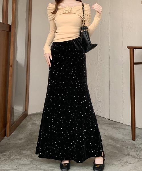 Diosfront（ディオスフロント）の「ラインストーンベロアマーメイドスカート（スカート・レディース・ブラック/モカ・S/M/L）」の6枚目の写真