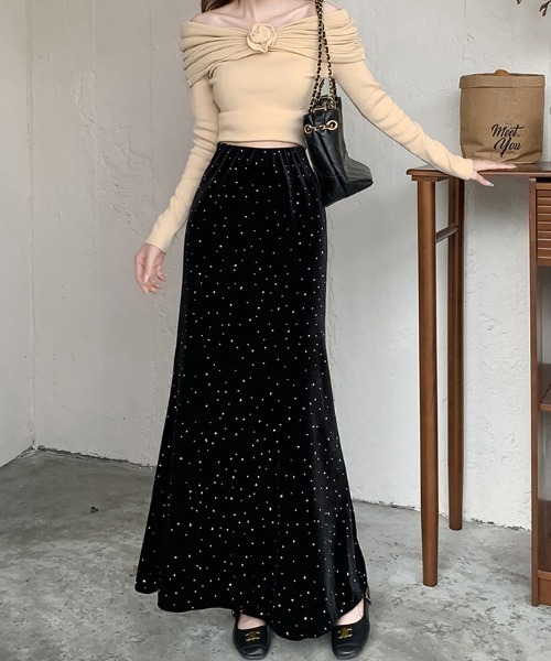 Diosfront（ディオスフロント）の「ラインストーンベロアマーメイドスカート（スカート・レディース・ブラック/モカ・S/M/L）」の9枚目の写真
