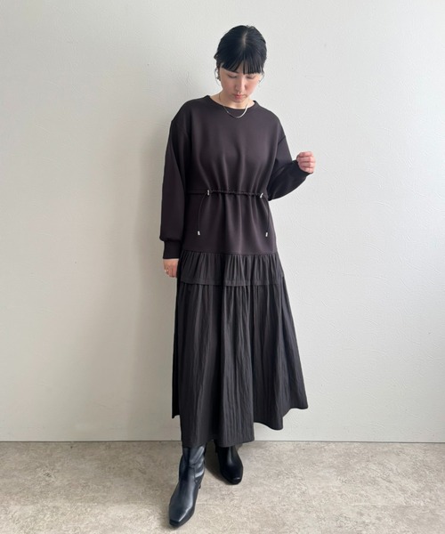 LHELBIE（レルビエ）の「ウエストドロストドッキングワンピース（ワンピース・レディース・ブラック/チャコールグレー/オフホワイト・M）」の18枚目の写真