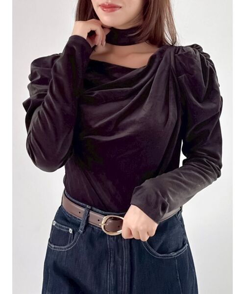 チョーカー付ドレープシアーベロアトップス（Tシャツ/カットソー