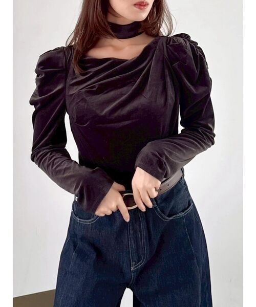 vintage usa製　チョーカー　トップス　オフショルダー　ベロア チョーカー付ドレープシアーベロアトップス（Tシャツ/カットソー