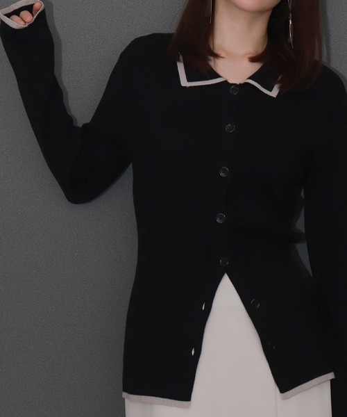 セール】配色リブニットポロカーディガン /襟付きニット / 通勤