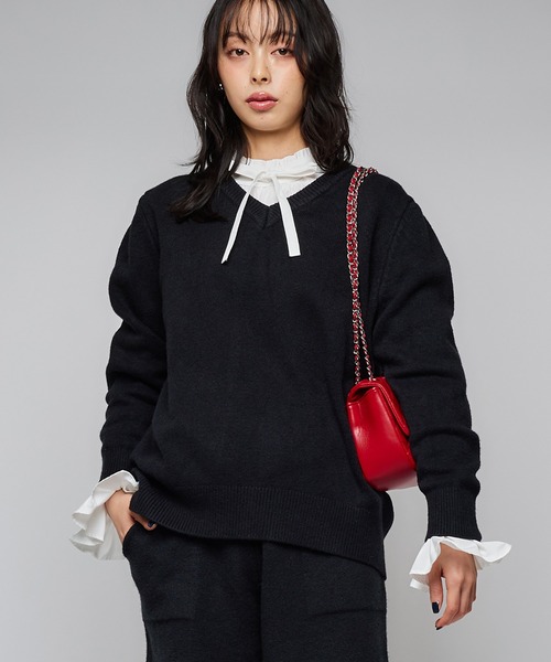 Narcissus（ナルシス）の「ニットセットアップ/ハーフパンツ/Vネックニットトップス（ニット/セーター・レディース・ブラック/グレー・FREE）」の3枚目の写真