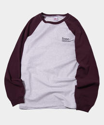 SOME PLACE（サムプレイス）の「ロゴカーブラインラグラン配色ロングスリーブオーバーサイズTシャツ[ワイン]（Tシャツ/カットソー）」
