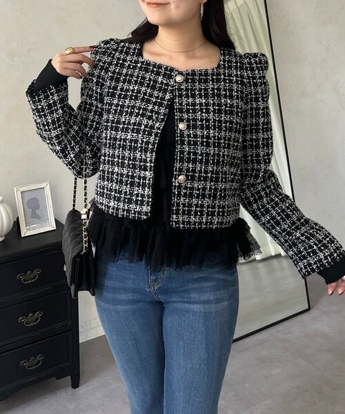 prose verse(プロズヴェール)の「パフスリーブショート丈ツイードジャケット(その他アウター・レディース・オフホワイト/ブラック・LARGE/MEDIUM)」の1枚目の写真