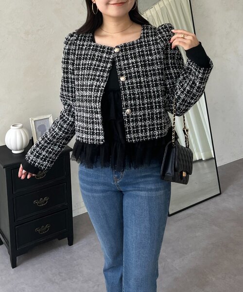 prose verse(プロズヴェール)の「パフスリーブショート丈ツイードジャケット(その他アウター・レディース・オフホワイト/ブラック・LARGE/MEDIUM)」の15枚目の写真