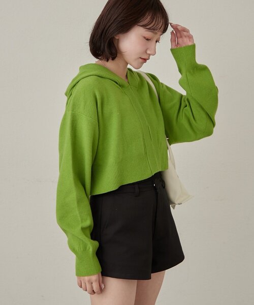 mline（エムライン）の「[mline]ショートニットフーディー（パーカー・レディース・グリーン/チャコールグレー/オフホワイト・FREE）」の3枚目の写真