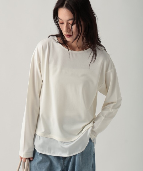 Elura（エルーラ）の「ドレスアップ裾コンビプルオーバー/643319（Tシャツ/カットソー・レディース・チャコールグレー/ホワイト/ダークブラウン・FREE）」の4枚目の写真