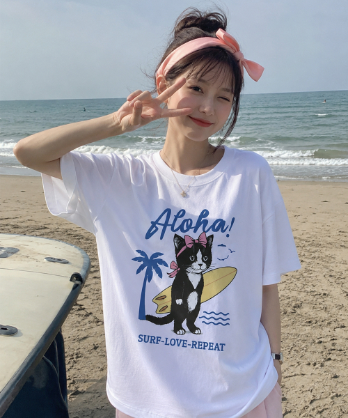 ROIDESROIS(ロワデロワ)の「アロハキトンキャットプリンティング半袖Tシャツ(ホワイト)(Tシャツ/カットソー・レディース・その他・M/L/2XL/XL/S)」の1枚目の写真