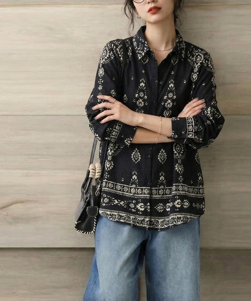 antiqua（アンティカ）の「オリエンタル柄 シャツ（シャツ/ブラウス・レディース・ブラック/ナチュラル・ONESIZE）」の6枚目の写真