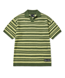 STRIPE PUNCHING COLLAR KNIT - KHAKI