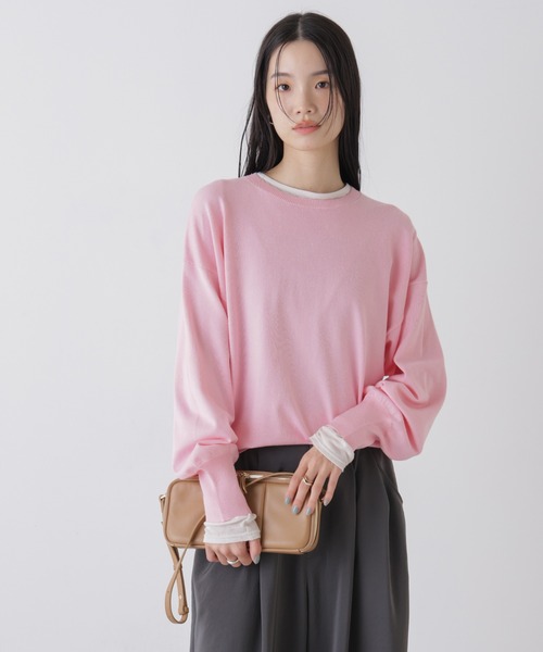 セール】洗濯機洗可バンブーレーヨンニット ワイドクルーネックプル