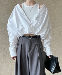 春用フレンチシャツ ニットベスト内蔵 フェイクツーピーストップス