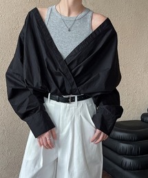 春用フレンチシャツ ニットベスト内蔵 フェイクツーピーストップス