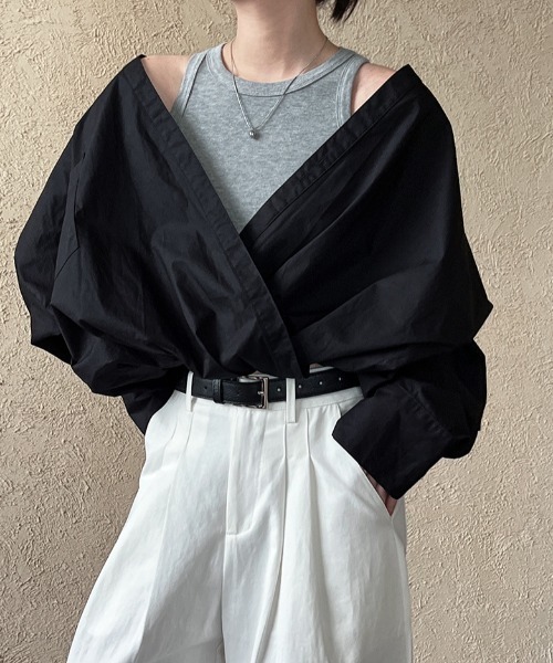 semplice（センプリチェ）の「春用フレンチシャツ ニットベスト内蔵 フェイクツーピーストップス（シャツ/ブラウス・レディース・ホワイト/ブラック・F）」の18枚目の写真