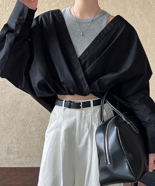 semplice（センプリチェ）の「春用フレンチシャツ ニットベスト内蔵 フェイクツーピーストップス（シャツ/ブラウス・レディース・ホワイト/ブラック・F）」の19枚目の写真