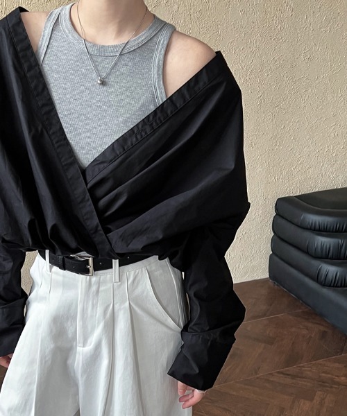 semplice（センプリチェ）の「春用フレンチシャツ ニットベスト内蔵 フェイクツーピーストップス（シャツ/ブラウス・レディース・ホワイト/ブラック・F）」の21枚目の写真