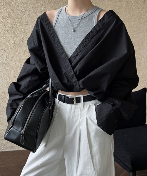 semplice（センプリチェ）の「春用フレンチシャツ ニットベスト内蔵 フェイクツーピーストップス（シャツ/ブラウス・レディース・ホワイト/ブラック・F）」の5枚目の写真