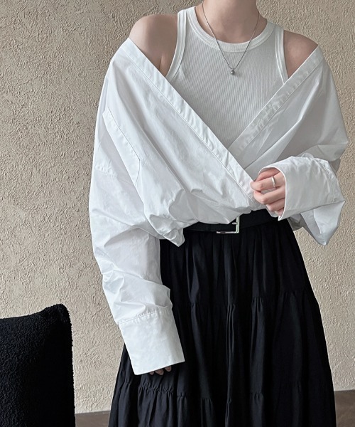 semplice（センプリチェ）の「春用フレンチシャツ ニットベスト内蔵 フェイクツーピーストップス（シャツ/ブラウス・レディース・ホワイト/ブラック・F）」の8枚目の写真