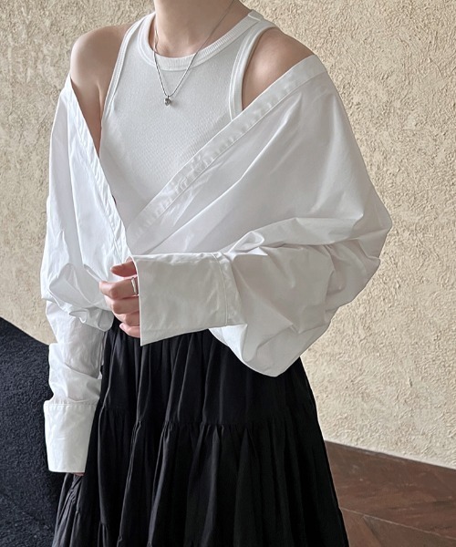 semplice（センプリチェ）の「春用フレンチシャツ ニットベスト内蔵 フェイクツーピーストップス（シャツ/ブラウス・レディース・ホワイト/ブラック・F）」の11枚目の写真