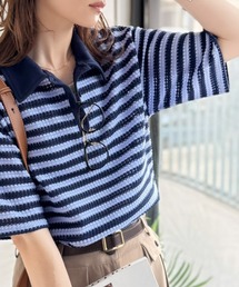 Java（ジャバ）の「《JaVaジャバコラボ》大人カジュアルを格上げ。クロシェレース風ボーダーポロ衿トップス(半袖)（ポロシャツ）」