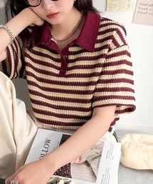 Java（ジャバ）の「《JaVaジャバコラボ》大人カジュアルを格上げ。クロシェレース風ボーダーポロ衿トップス(半袖)（ポロシャツ）」