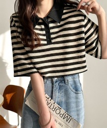 Java（ジャバ）の「《JaVaジャバコラボ》大人カジュアルを格上げ。クロシェレース風ボーダーポロ衿トップス(半袖)（ポロシャツ）」