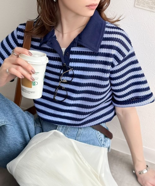 Java（ジャバ）の「【予約受付中】《JaVaジャバコラボ》大人カジュアルを格上げ。クロシェレース風ボーダーポロ衿トップス（半袖）（ポロシャツ・レディース・ネイビー/レッド/ブラック・MEDIUM/LARGE/X-LARGE/SMALL）」の22枚目の写真