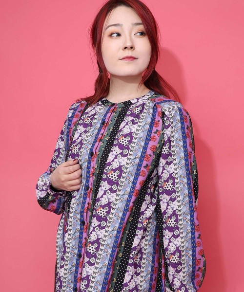 ScoLar（スカラー）の「161611：ストライプ総柄前開きシャツワンピース（ワンピース・レディース・ブラック/オフホワイト・M）」の4枚目の写真