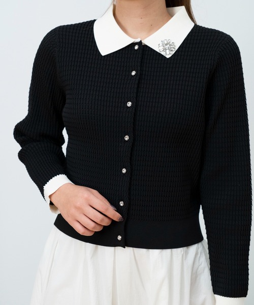 STRAWBERRY-FIELDS（ストロベリーフィールズ）の「ポーツポリー_ビジュー刺繍衿付ニットカーディガン（ニット/セーター・レディース・ブラック/オフホワイト・2）」の2枚目の写真