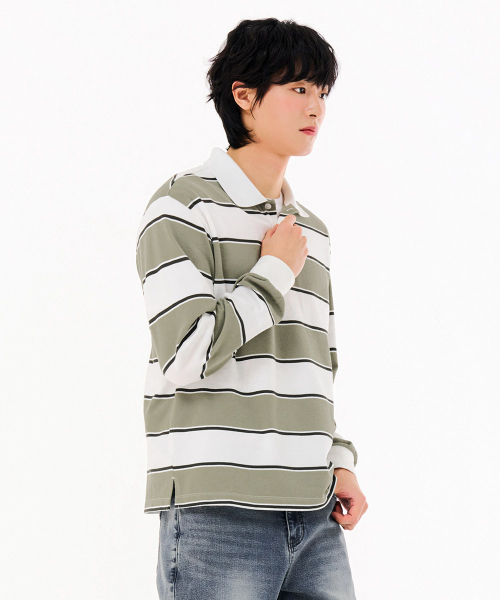 CHASECULT（チェイスカルト）の「メンズストライプカラーTシャツ-FARK5115B0V（ポロシャツ・メンズ・カーキ・95/100/105）」の2枚目の写真