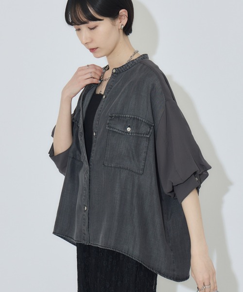 Paradise Picnic（パラダイスピクニック）の「33℃ テンセルデニム切替シャツ（シャツ/ブラウス・レディース・ブラック/ブルー・FREE）」の2枚目の写真