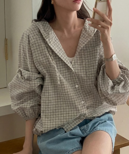 yuue' ( wear )(ユーイ)の「チェック柄シャツパーカー/フーディー(パーカー・レディース・ホワイト/ブラック・FREE)」の2枚目の写真