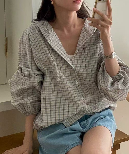 yuue' ( wear )(ユーイ)の「チェック柄シャツパーカー/フーディー(パーカー・レディース・ホワイト/ブラック・FREE)」の4枚目の写真