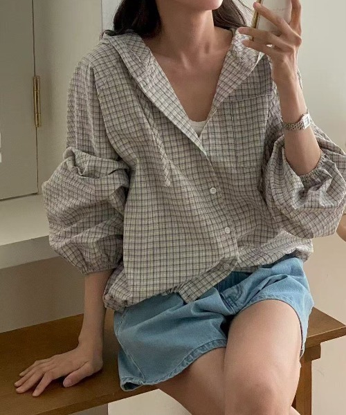 yuue' ( wear )(ユーイ)の「チェック柄シャツパーカー/フーディー(パーカー・レディース・ホワイト/ブラック・FREE)」の6枚目の写真
