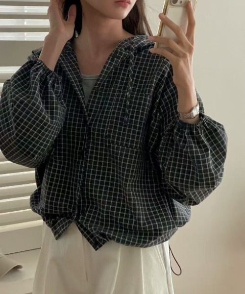 yuue' ( wear )(ユーイ)の「チェック柄シャツパーカー/フーディー(パーカー・レディース・ホワイト/ブラック・FREE)」の12枚目の写真