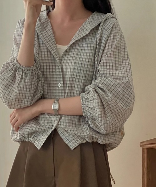 yuue' ( wear )(ユーイ)の「チェック柄シャツパーカー/フーディー(パーカー・レディース・ホワイト/ブラック・FREE)」の7枚目の写真
