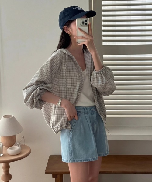 yuue' ( wear )(ユーイ)の「チェック柄シャツパーカー/フーディー(パーカー・レディース・ホワイト/ブラック・FREE)」の5枚目の写真