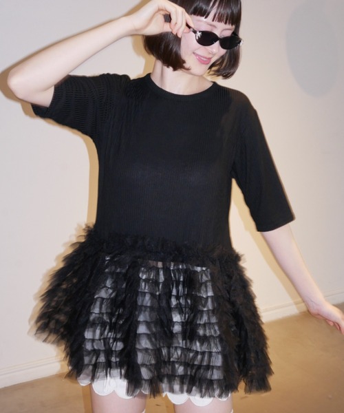 HONEY MI HONEY(ハニーミーハニー)の「tulle peplum rib cutsew(Tシャツ/カットソー・レディース・ホワイト/ピンク/グレー/ブラック・FREE)」の3枚目の写真