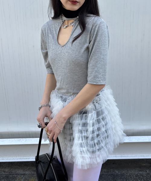 HONEY MI HONEY(ハニーミーハニー)の「tulle peplum rib cutsew(Tシャツ/カットソー・レディース・ホワイト/ピンク/グレー/ブラック・FREE)」の18枚目の写真