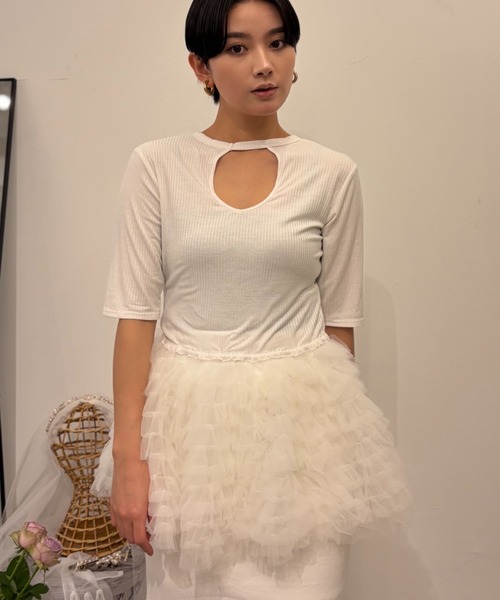 HONEY MI HONEY(ハニーミーハニー)の「tulle peplum rib cutsew(Tシャツ/カットソー・レディース・ホワイト/ピンク/グレー/ブラック・FREE)」の7枚目の写真