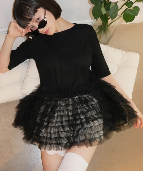 HONEY MI HONEY(ハニーミーハニー)の「tulle peplum rib cutsew(Tシャツ/カットソー・レディース・ホワイト/ピンク/グレー/ブラック・FREE)」の10枚目の写真