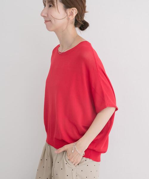 ITEMS URBANRESEARCH（アイテムズ アーバンリサーチ）の「ショート半袖ニット（ニット/セーター・レディース・オフホワイト/チャコールグレー/レッド・FREE）」の3枚目の写真