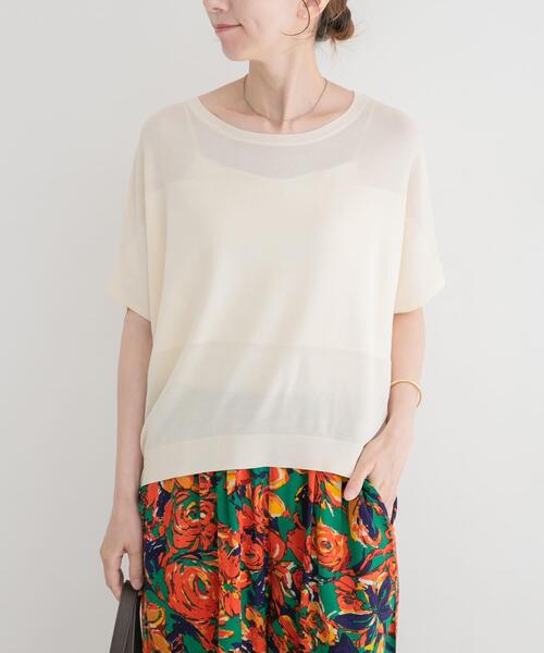 ITEMS URBANRESEARCH（アイテムズ アーバンリサーチ）の「ショート半袖ニット（ニット/セーター・レディース・オフホワイト/チャコールグレー/レッド・FREE）」の4枚目の写真