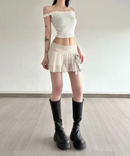 AsheKsha(アシクシャ)の「水玉ドットメッシュのフリルミニスカート(スカート・レディース・ベージュ/ブラック・M)」の16枚目の写真