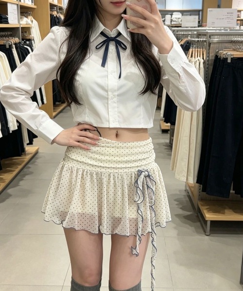 AsheKsha(アシクシャ)の「水玉ドットメッシュのフリルミニスカート(スカート・レディース・ベージュ/ブラック・M)」の12枚目の写真