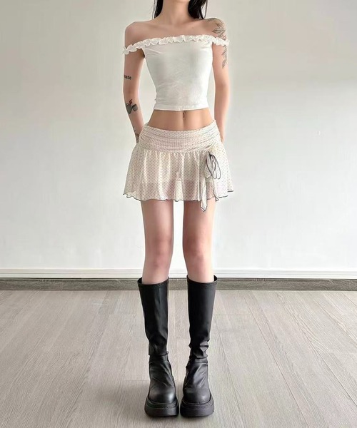 AsheKsha(アシクシャ)の「水玉ドットメッシュのフリルミニスカート(スカート・レディース・ベージュ/ブラック・M)」の11枚目の写真