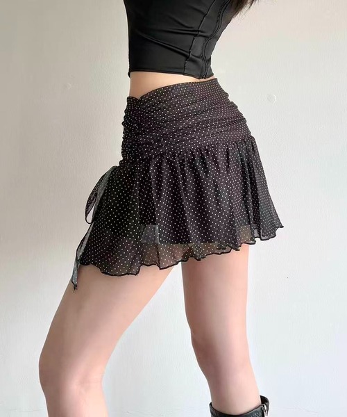 AsheKsha(アシクシャ)の「水玉ドットメッシュのフリルミニスカート(スカート・レディース・ベージュ/ブラック・M)」の9枚目の写真
